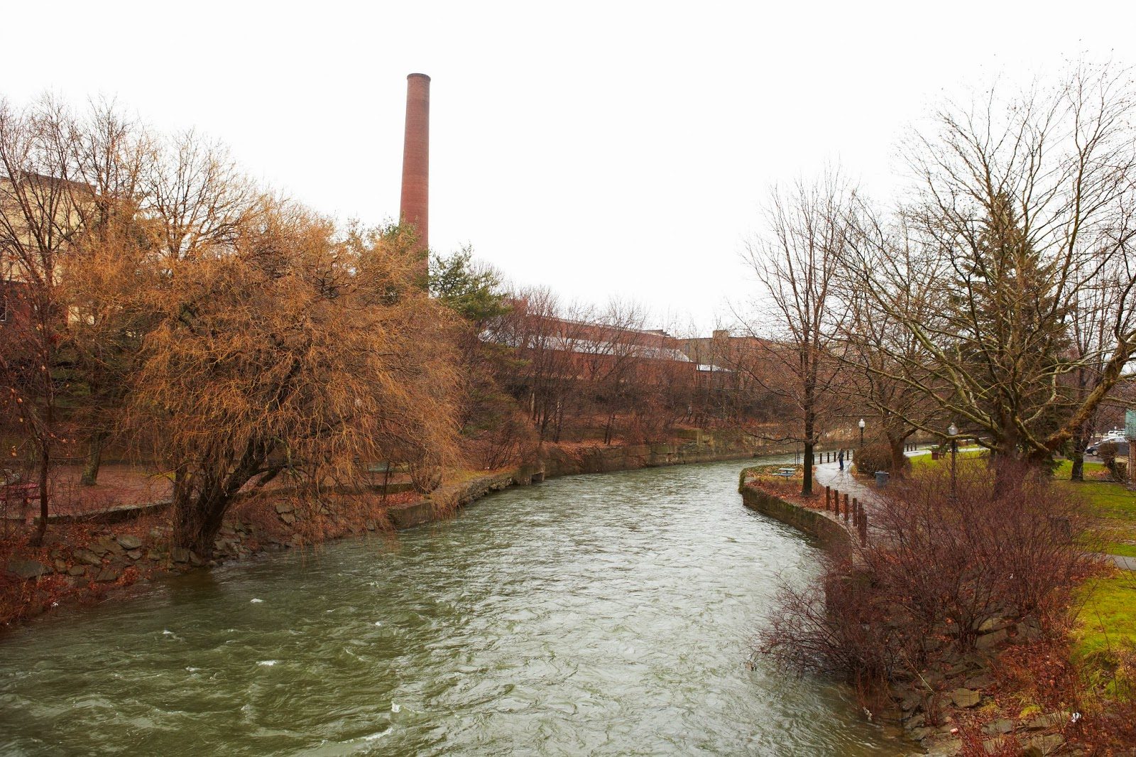 Chadakoin River and chimney stack, view from the footbridge
