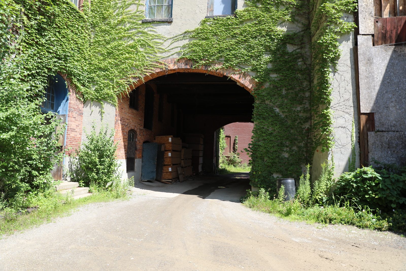 Ivy-covered archway passage with a blue door alongside